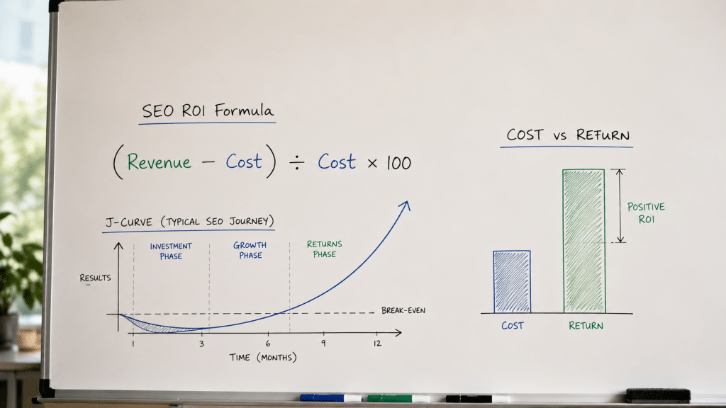 seo roi south africa — return-on-investment formula and organic revenue chart on a whiteboard