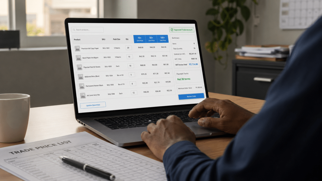 Shopify B2B wholesale south africa — over-the-shoulder view of an SA trade buyer reviewing a wholesale price list and trade catalogue on a laptop screen with VAT invoice and Net 30 terms visible