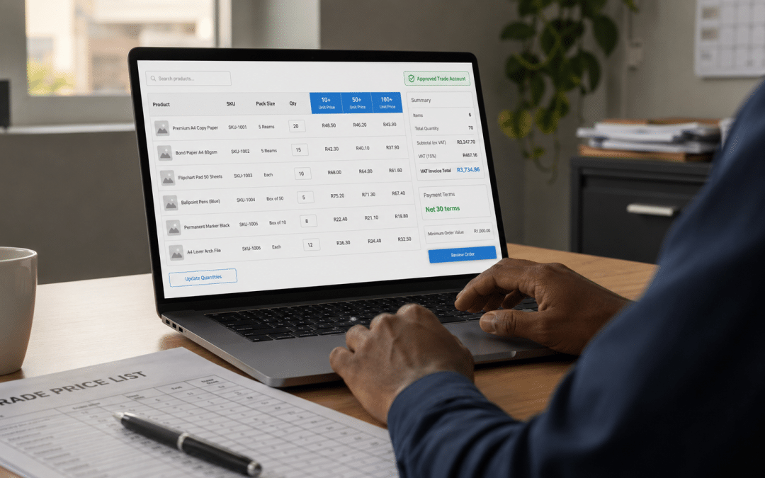 Shopify B2B wholesale south africa — over-the-shoulder view of an SA trade buyer reviewing a wholesale price list and trade catalogue on a laptop screen with VAT invoice and Net 30 terms visible