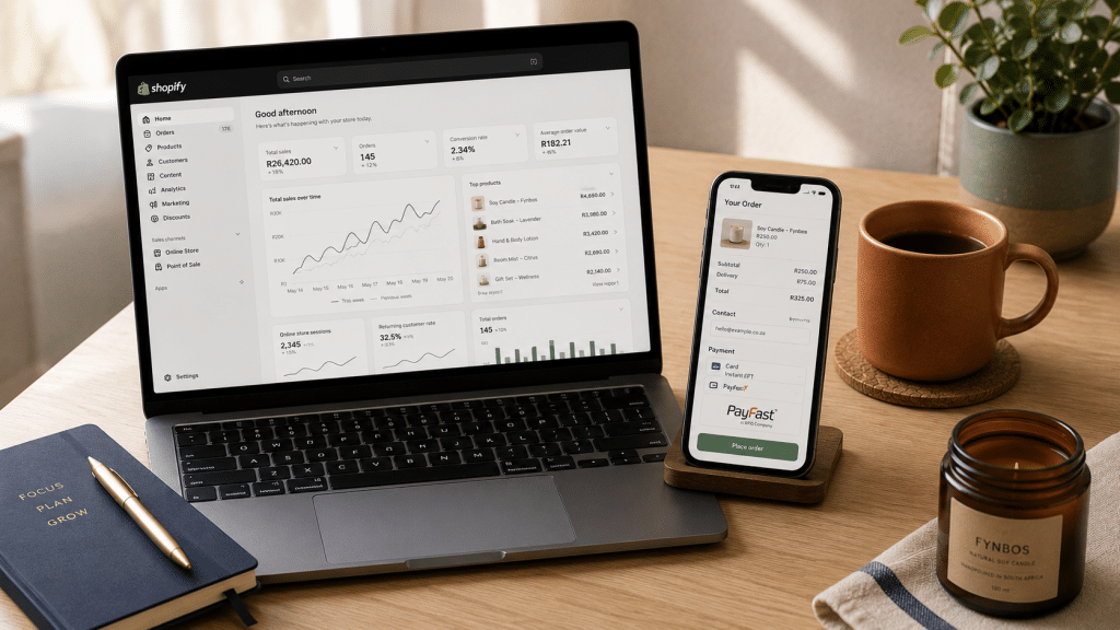 Shopify checkout optimisation South Africa — environmental view of a small ecommerce desk with laptop showing Shopify admin and mobile phone displaying a streamlined checkout page