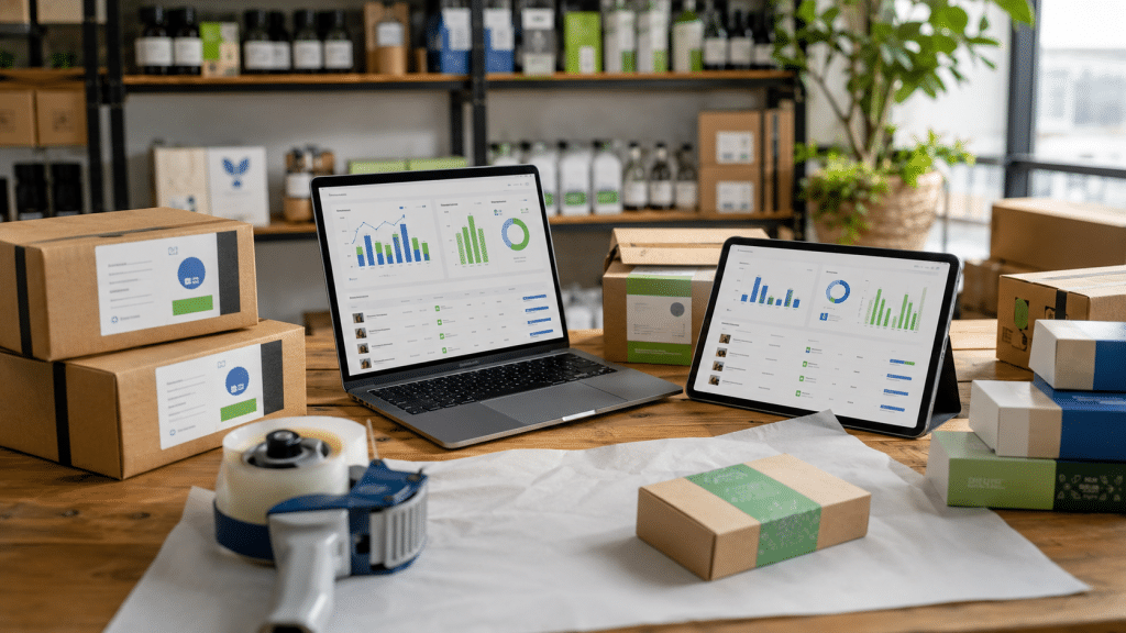 Shopify for fashion south africa — overhead flat-lay of SA fashion ecommerce essentials with clothing, accessories, and devices showing product pages