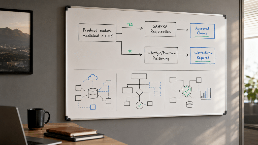 Shopify for health wellness south africa — whiteboard with SAHPRA compliance flow and product claim decision tree for SA wellness ecommerce stores