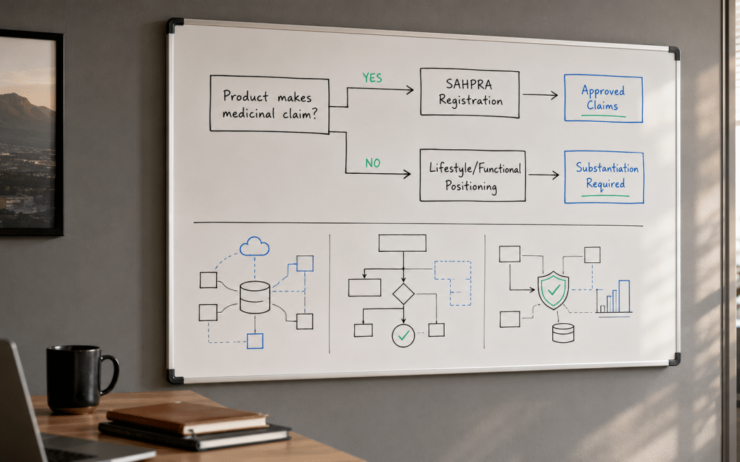 Shopify for health wellness south africa — whiteboard with SAHPRA compliance flow and product claim decision tree for SA wellness ecommerce stores