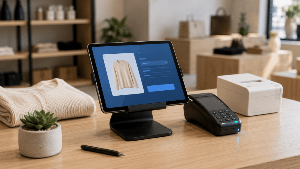 Shopify pos south africa — iPad POS terminal on counter with Yoco card reader, retail products, and barcode scanner