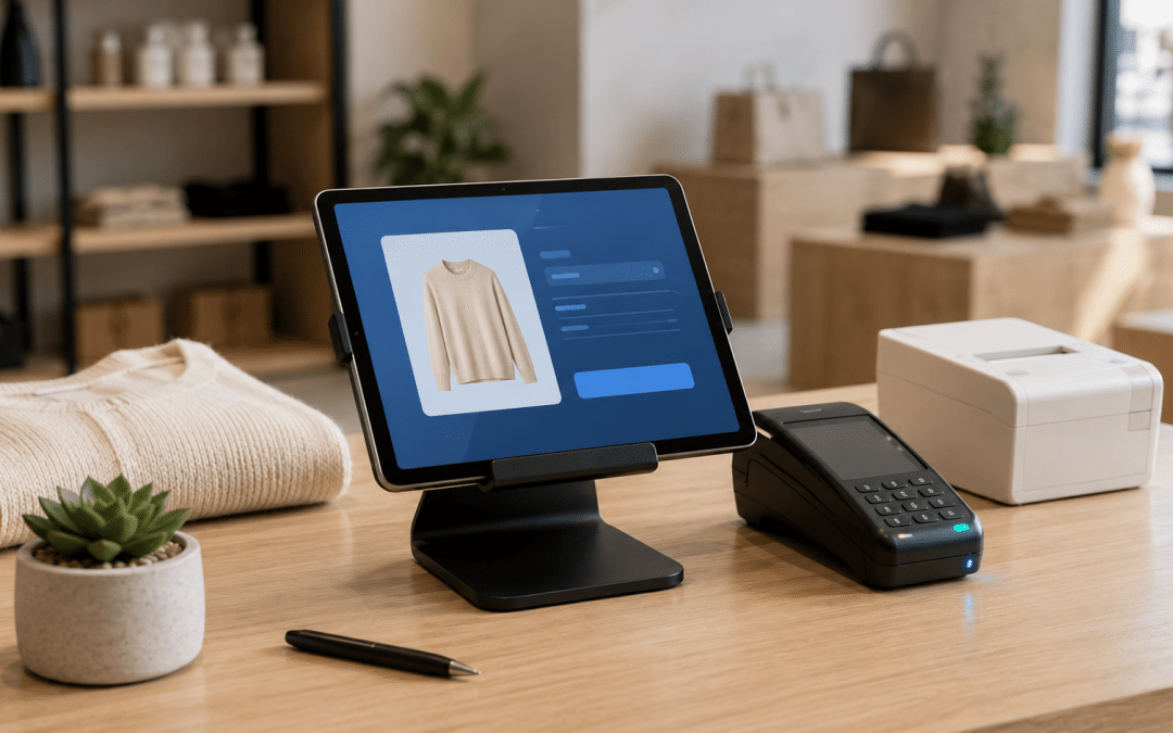 Shopify pos south africa — iPad POS terminal on counter with Yoco card reader, retail products, and barcode scanner