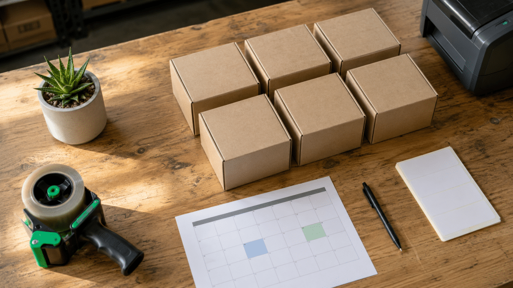 Shopify subscriptions south africa — environmental shot of SA subscription product boxes being packaged on a workbench with shipping labels and recurring billing schedule