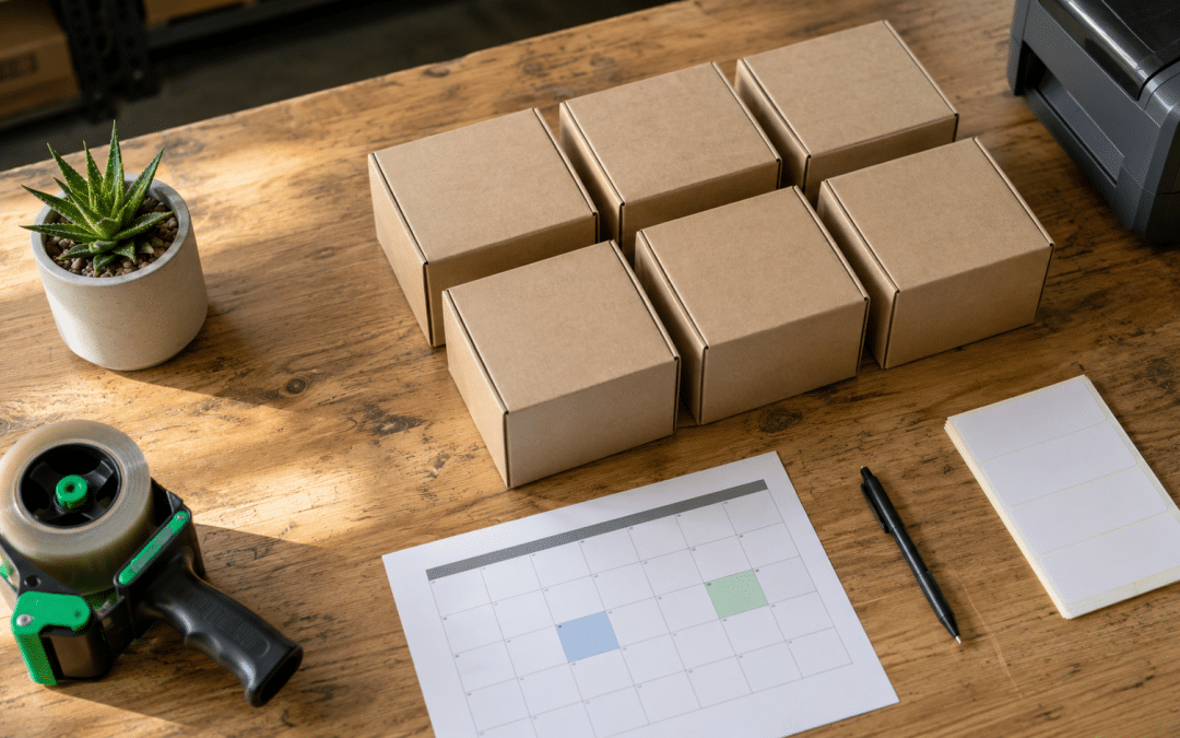 Shopify subscriptions south africa — environmental shot of SA subscription product boxes being packaged on a workbench with shipping labels and recurring billing schedule