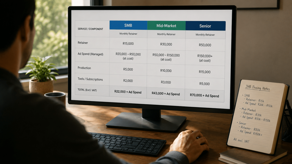 Social media marketing cost Johannesburg — over-the-shoulder view of a marketer reviewing a JHB pricing comparison spreadsheet on a monitor with retainer tiers, project fees, and Rand budgets visible