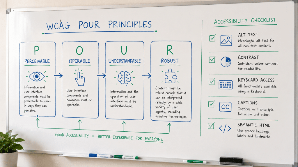 Web accessibility South Africa shown as a whiteboard sketch of the WCAG POUR principles and an accessibility checklist