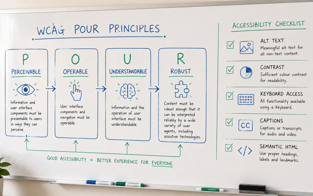 Web accessibility South Africa shown as a whiteboard sketch of the WCAG POUR principles and an accessibility checklist