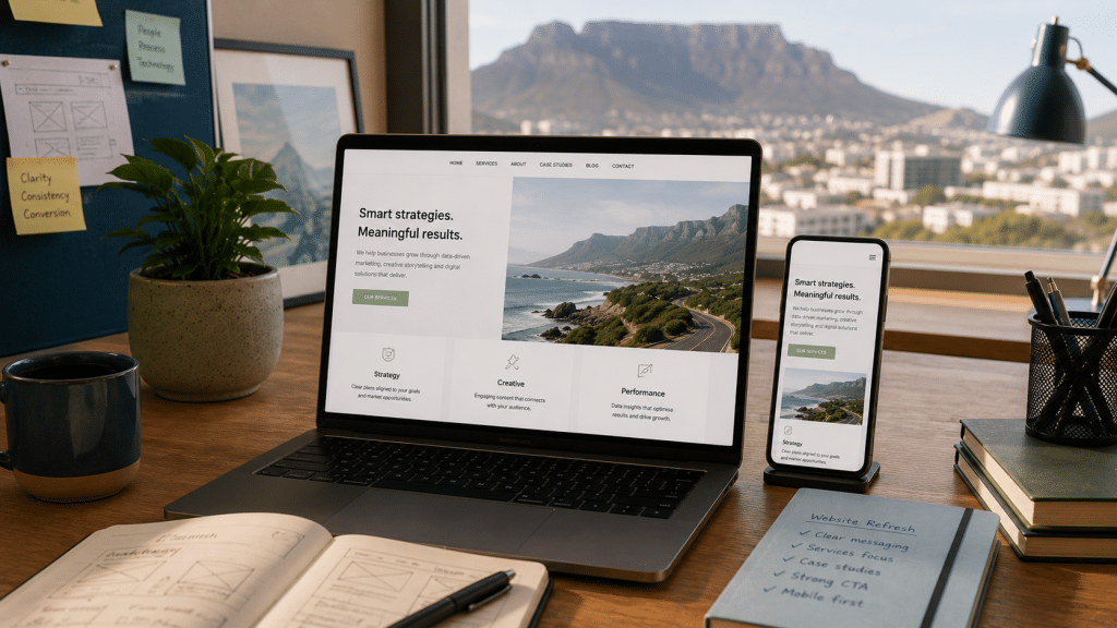 Web design Cape Town project shown as a clean responsive website mockup on a laptop and phone on a designer's desk in a Cape Town studio with Table Mountain visible through the window