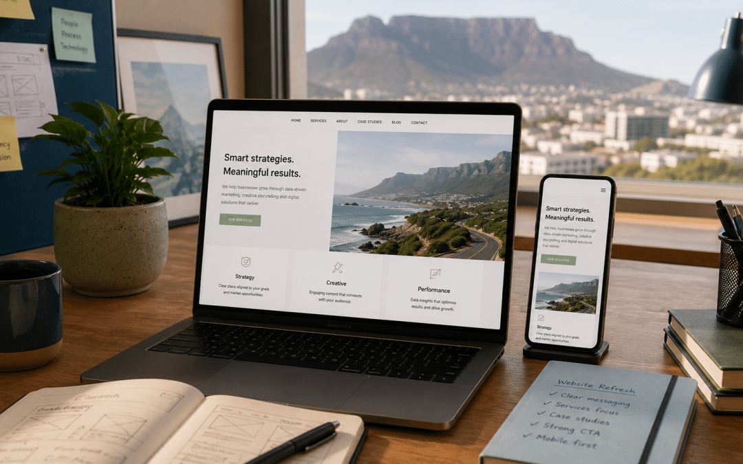 Web design Cape Town project shown as a clean responsive website mockup on a laptop and phone on a designer's desk in a Cape Town studio with Table Mountain visible through the window