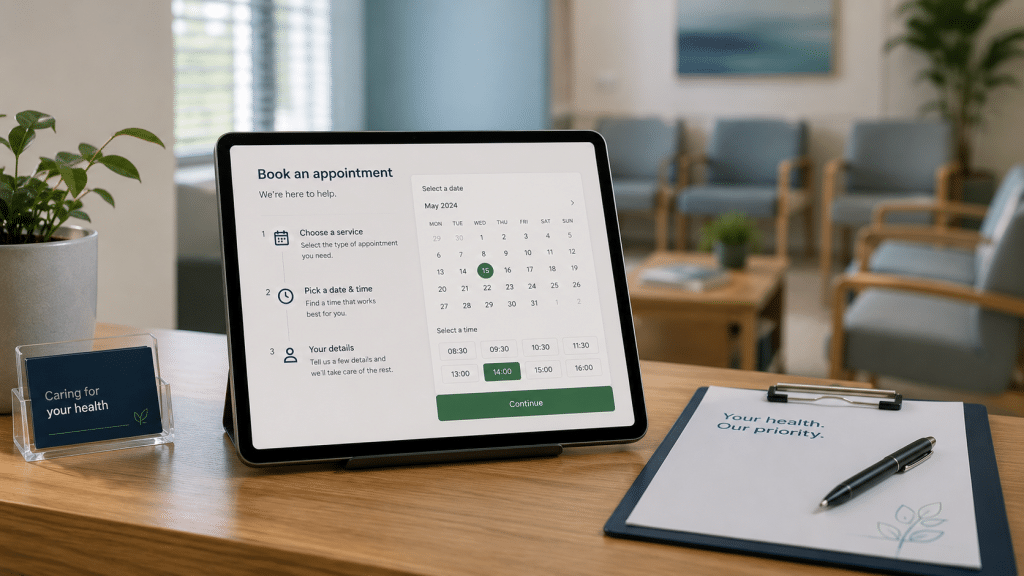 Web design for healthcare South Africa shown as an appointment-booking website on a tablet at a clean medical practice reception desk with a blurred waiting room behind it