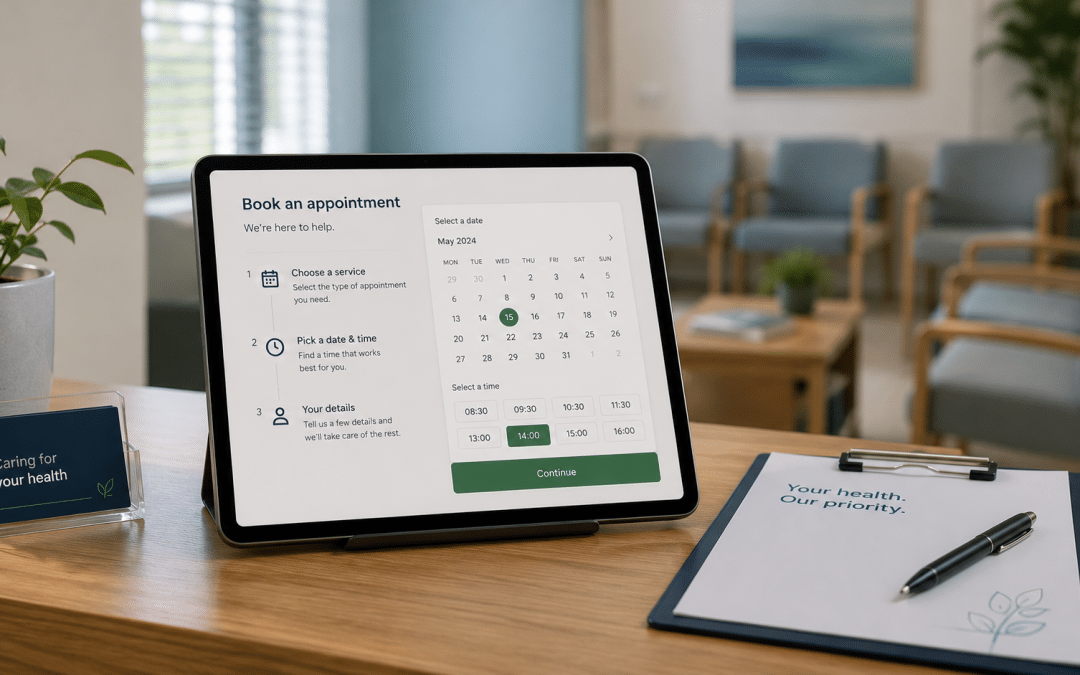 Web design for healthcare South Africa shown as an appointment-booking website on a tablet at a clean medical practice reception desk with a blurred waiting room behind it