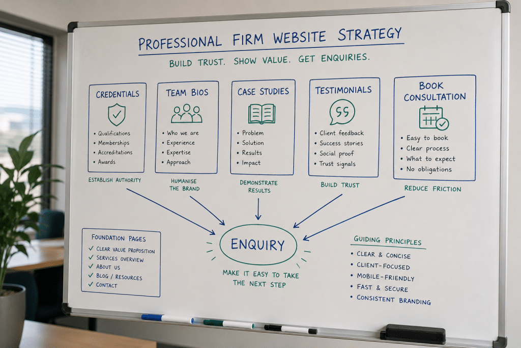 Web design for professional services South Africa mapped on a whiteboard showing trust signals, credentials, case studies and consultation booking for a law or accounting firm website