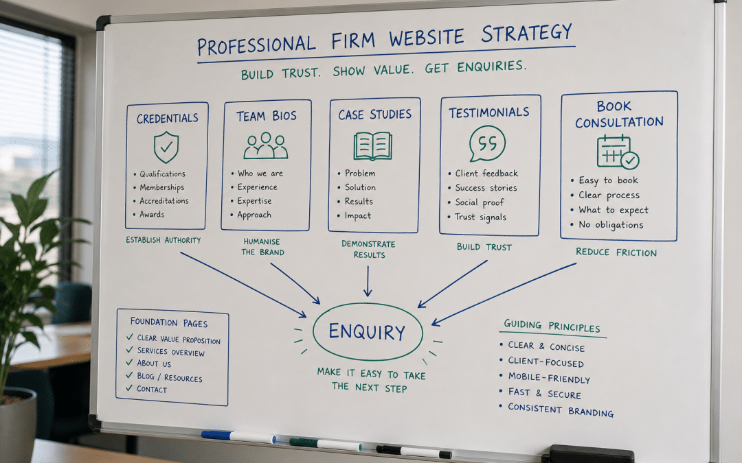 Web design for professional services South Africa mapped on a whiteboard showing trust signals, credentials, case studies and consultation booking for a law or accounting firm website