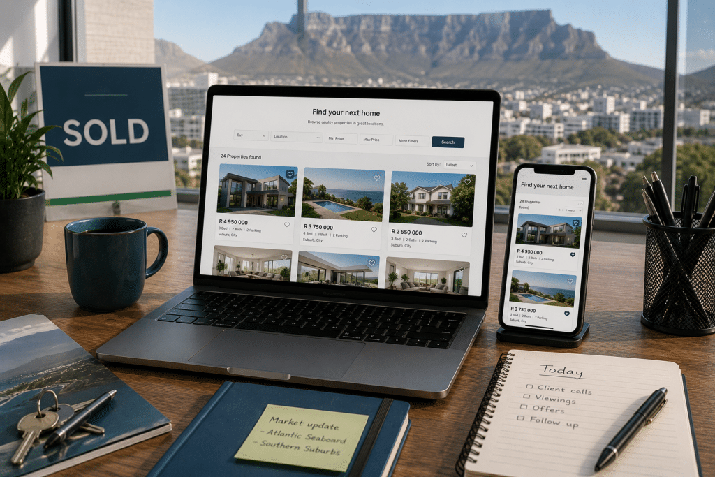Web design for real estate South Africa shown as a property listing website on a laptop and phone in an estate agency office with a sold board and Table Mountain visible through the window