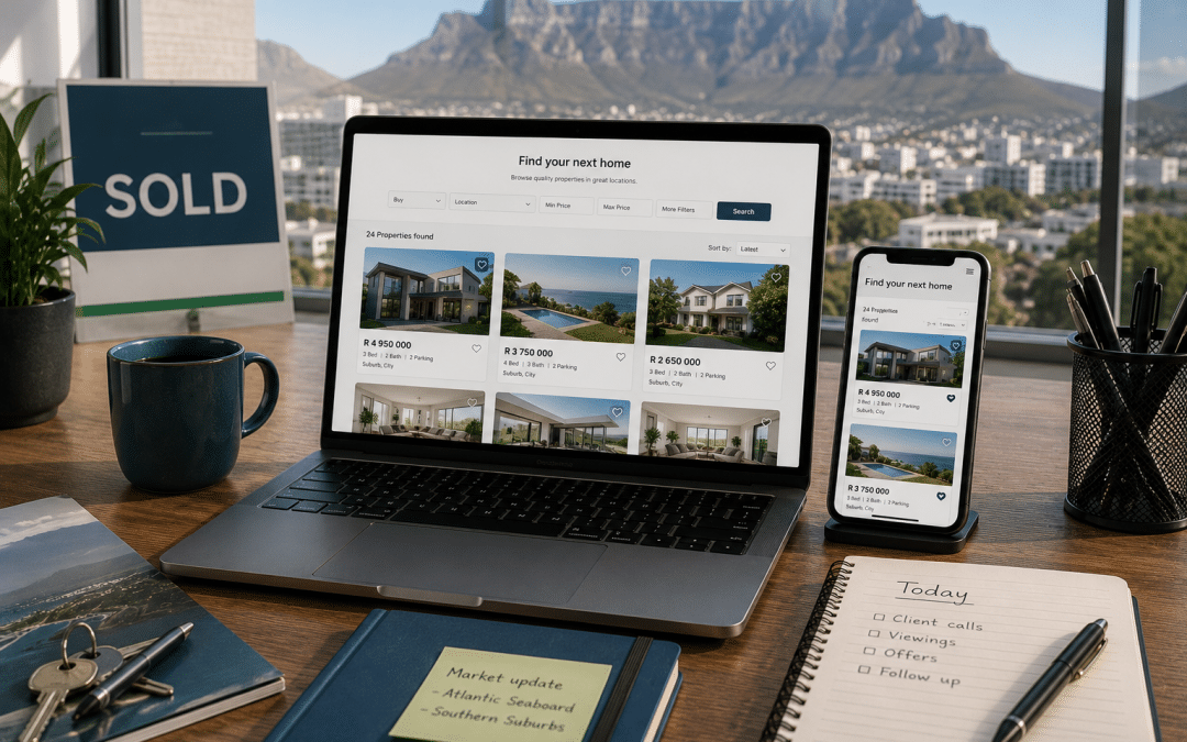 Web design for real estate South Africa shown as a property listing website on a laptop and phone in an estate agency office with a sold board and Table Mountain visible through the window
