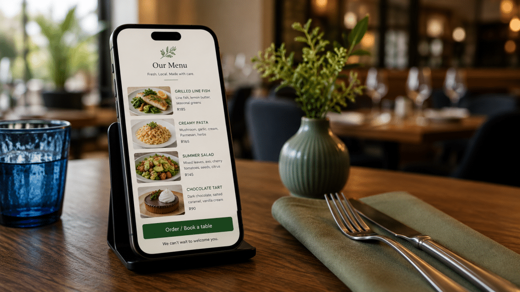 Web design for restaurants South Africa shown as a mobile menu and online booking page on a phone resting on a restaurant table with a blurred dining room behind it