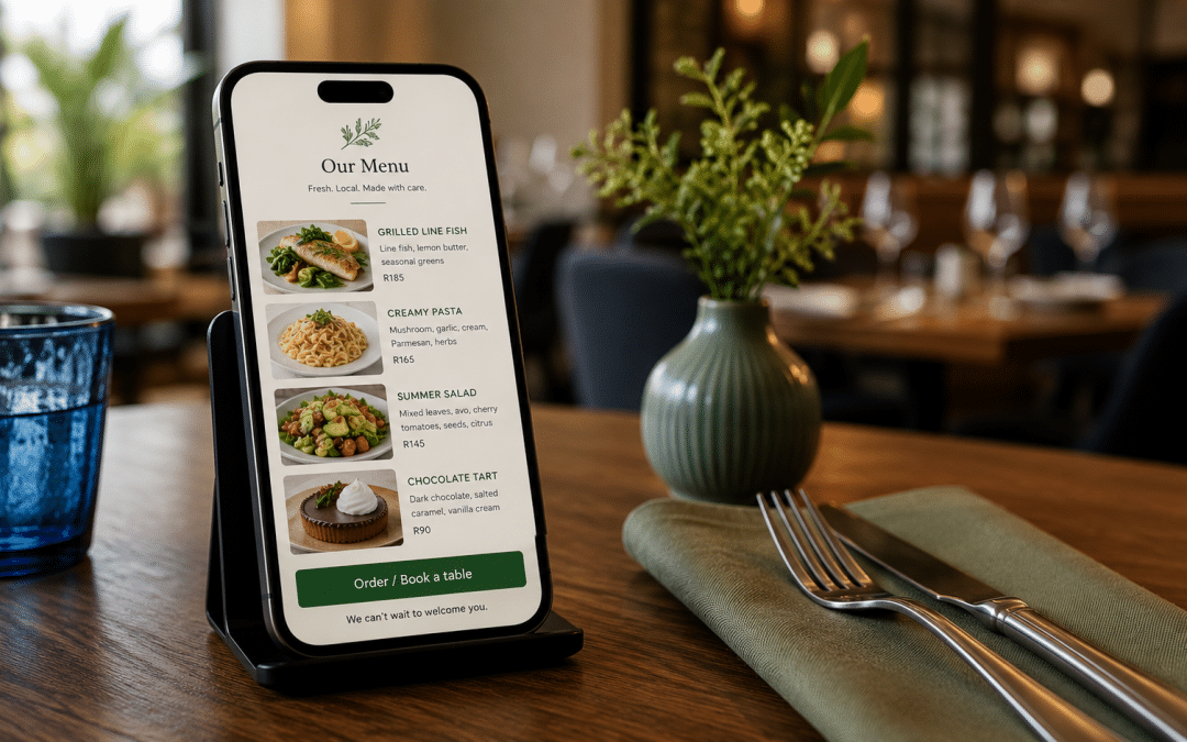 Web design for restaurants South Africa shown as a mobile menu and online booking page on a phone resting on a restaurant table with a blurred dining room behind it