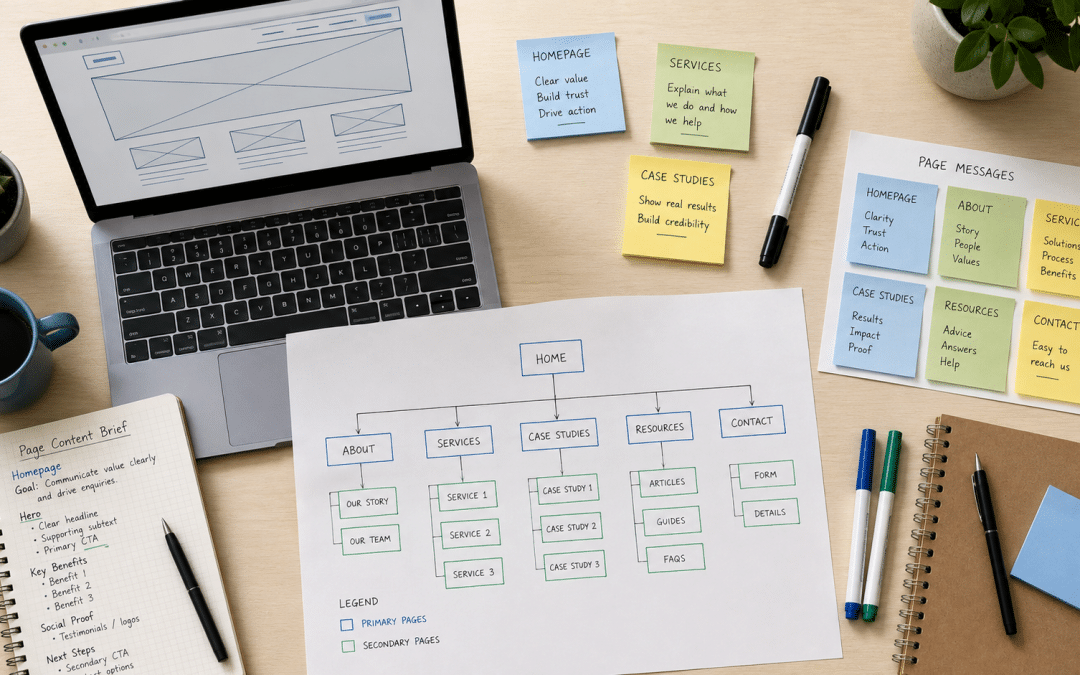 Website content strategy South Africa shown as a flat-lay of a sitemap sketch, page-content notes, sticky notes, and a laptop on a clean desk