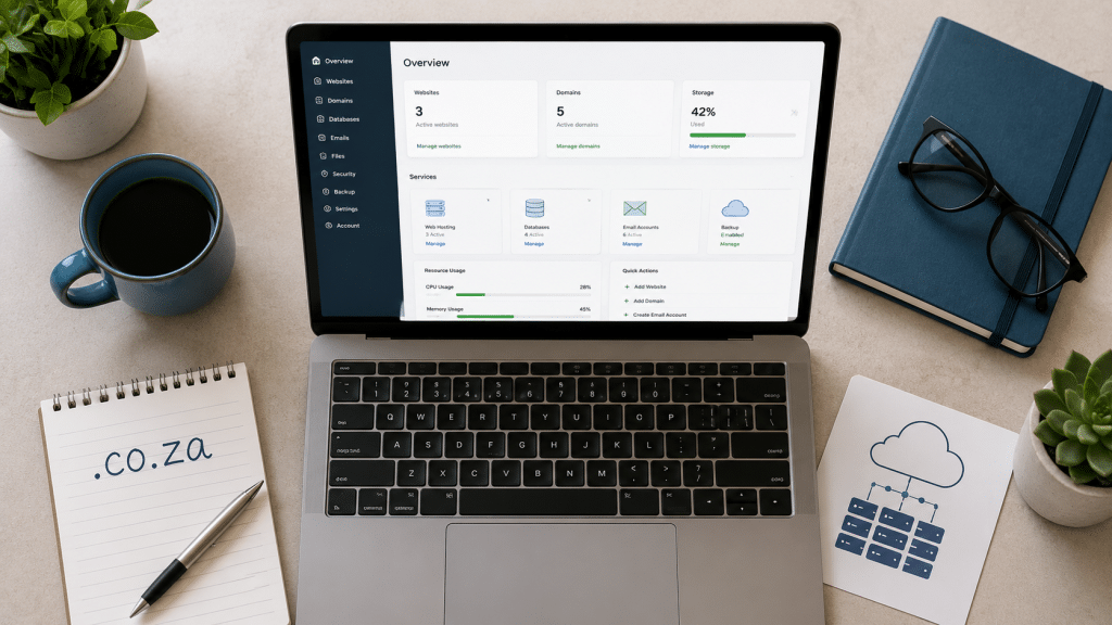 Website hosting South Africa shown as a flat-lay of a laptop with a hosting dashboard, server icons, and a .co.za domain note on a clean desk