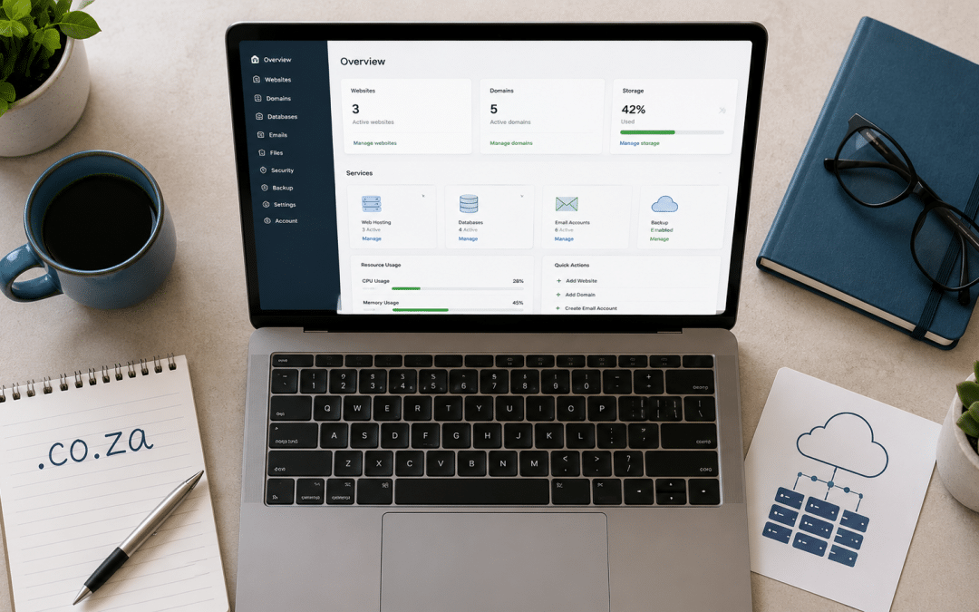 Website hosting South Africa shown as a flat-lay of a laptop with a hosting dashboard, server icons, and a .co.za domain note on a clean desk