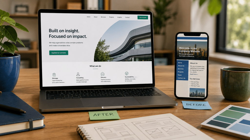 Website redesign South Africa shown as a before-and-after of an old and a modern site on a laptop and phone on a designer's desk