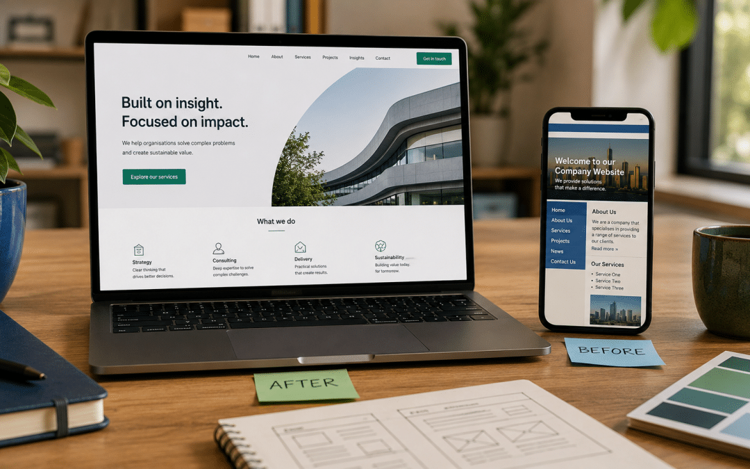 Website redesign South Africa shown as a before-and-after of an old and a modern site on a laptop and phone on a designer's desk