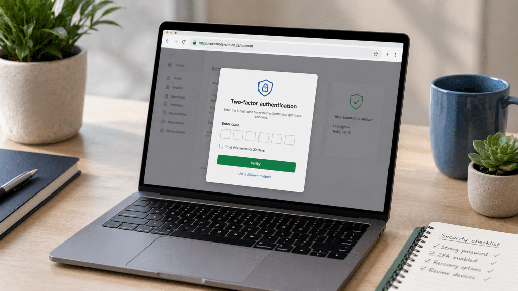 Website security South Africa shown as a laptop displaying an SSL-secured browser bar and a two-factor login prompt on a clean desk