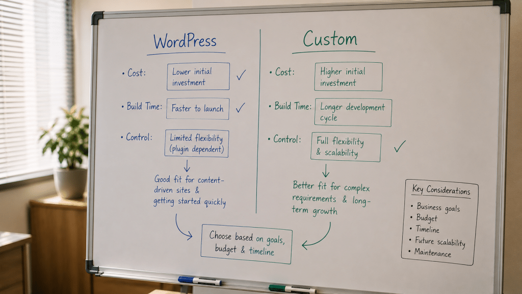 WordPress vs custom website South Africa decision shown as a whiteboard comparing an off-the-shelf CMS against a bespoke coded build with cost and control notes