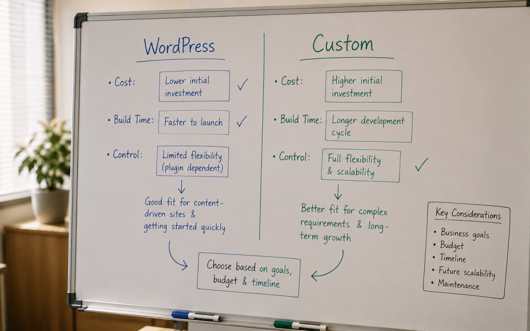 WordPress vs custom website South Africa decision shown as a whiteboard comparing an off-the-shelf CMS against a bespoke coded build with cost and control notes