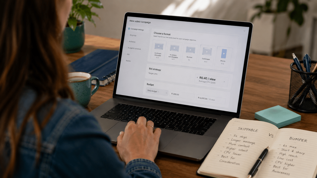 YouTube ads south africa — over-the-shoulder view of a marketer reviewing a video campaign setup on a laptop, format options and a cost-per-view figure in Rand on screen, notebook with a skippable-vs-bumper sketch