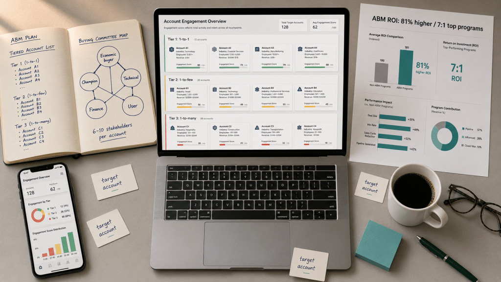 Account-based marketing South Africa — overhead flat-lay of desk with laptop showing ABM target account dashboard, notebook with tiered account list and buying committee map, and printed ROI benchmark sheet
