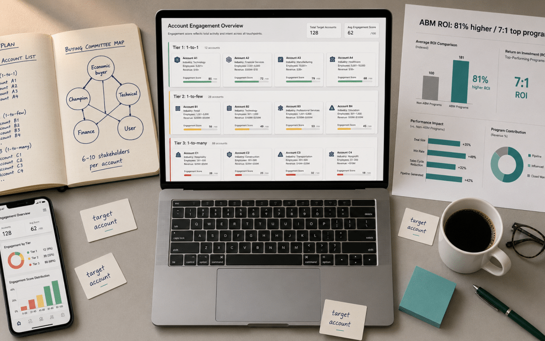 Account-based marketing South Africa — overhead flat-lay of desk with laptop showing ABM target account dashboard, notebook with tiered account list and buying committee map, and printed ROI benchmark sheet
