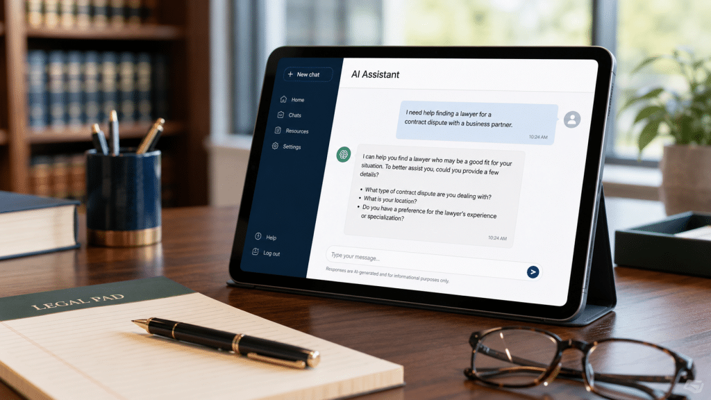 aeo for law firms south africa shown as a tablet displaying a generic AI chat asking for a lawyer, beside a legal notepad and pen on a professional desk