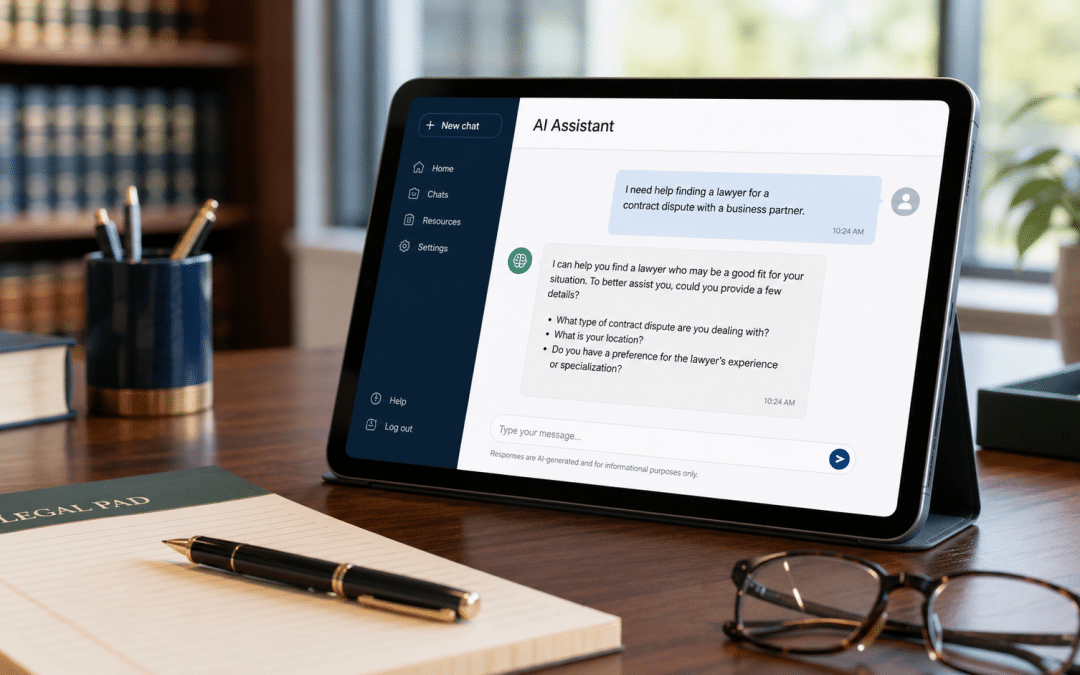 aeo for law firms south africa shown as a tablet displaying a generic AI chat asking for a lawyer, beside a legal notepad and pen on a professional desk