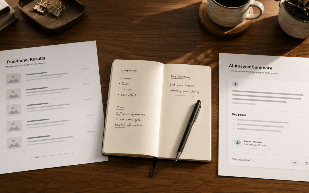 AEO vs SEO South Africa compared on a desk split between a printed results-page mockup on one side and a printed AI answer card mockup on the other, with a notebook between them