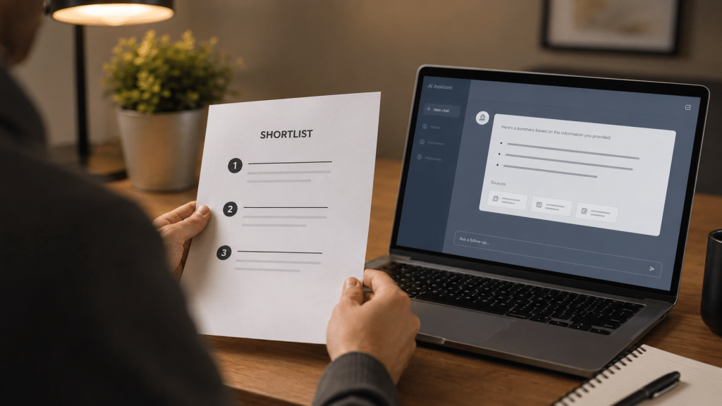 AI search for B2B shown over the shoulder of a person reviewing a printed vendor shortlist beside a laptop displaying a generic AI answer with source chips