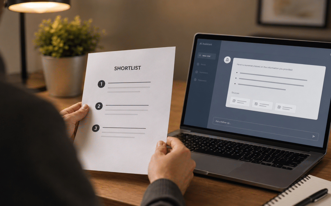 AI search for B2B shown over the shoulder of a person reviewing a printed vendor shortlist beside a laptop displaying a generic AI answer with source chips