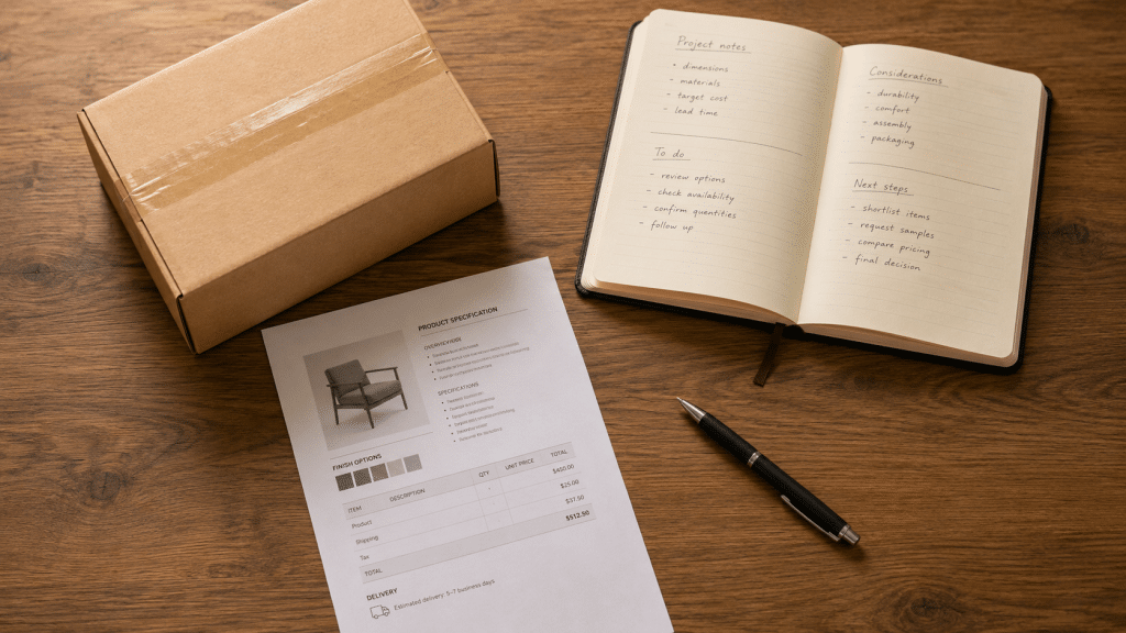 AI search for ecommerce represented as a flat-lay of a small parcel, a printed product spec sheet with pricing and delivery details, and a notebook on a wooden desk
