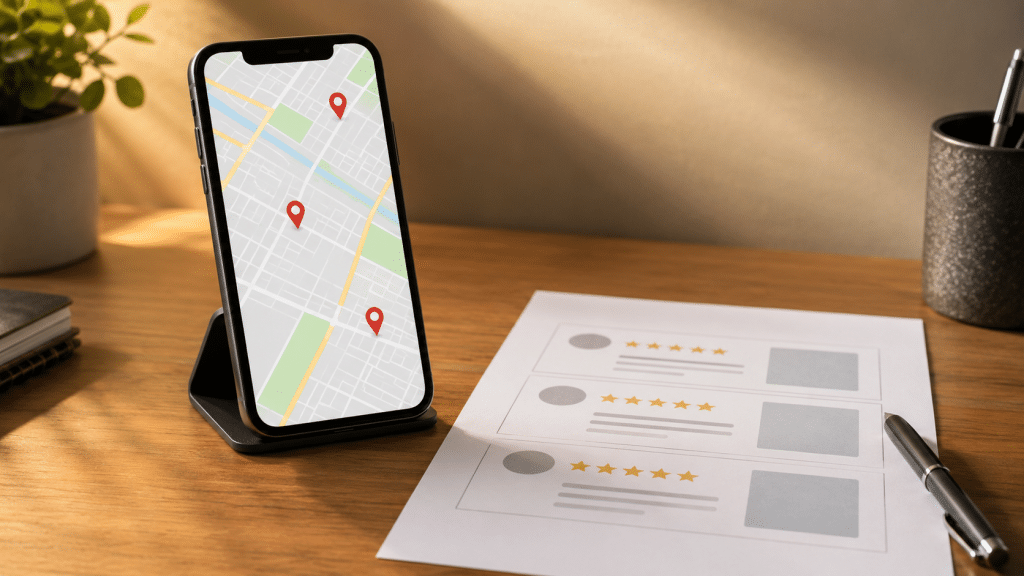 AI search for local businesses shown on a smartphone displaying a generic map with location pins beside a printed sheet of star-rating review cards on a desk