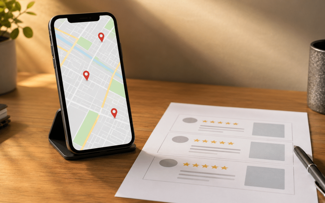 AI search for local businesses shown on a smartphone displaying a generic map with location pins beside a printed sheet of star-rating review cards on a desk