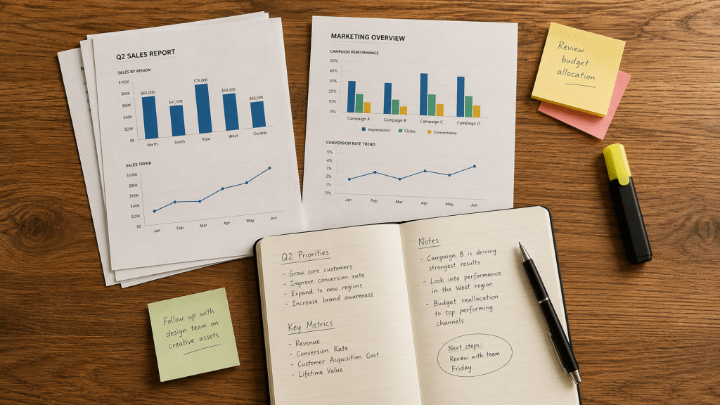 AI search statistics South Africa presented as printed charts and data sheets arranged on a wooden desk beside a notebook, pen and highlighter