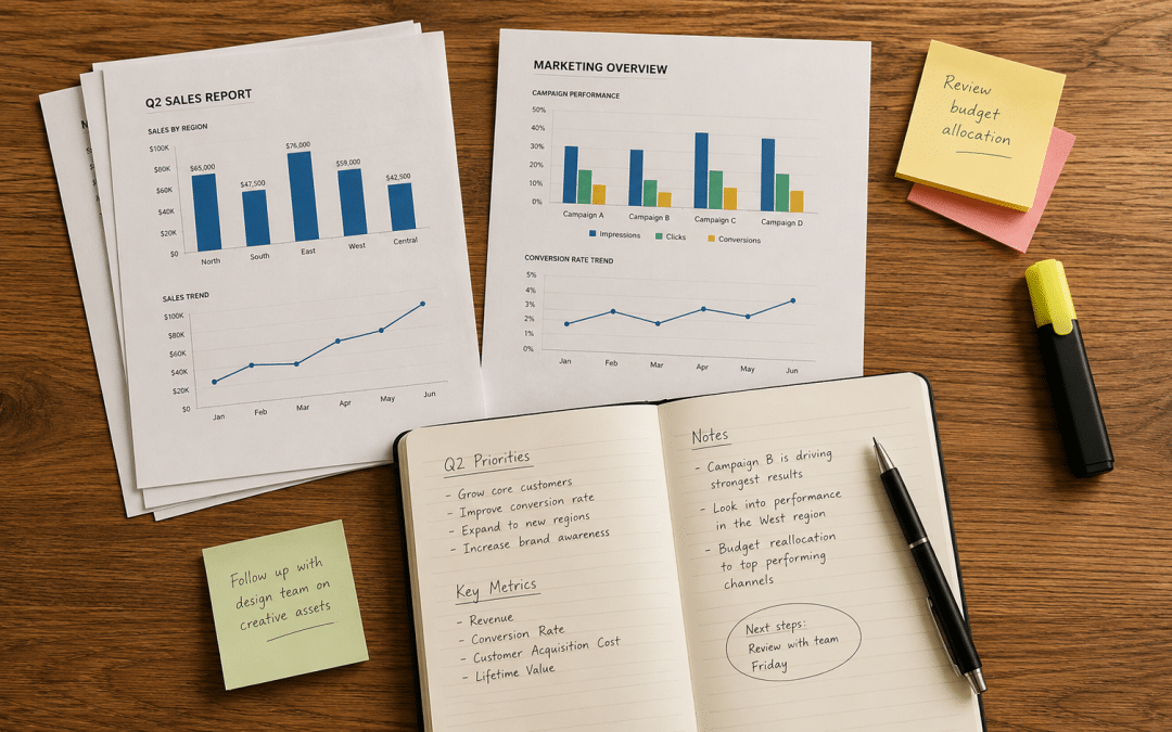 AI search statistics South Africa presented as printed charts and data sheets arranged on a wooden desk beside a notebook, pen and highlighter