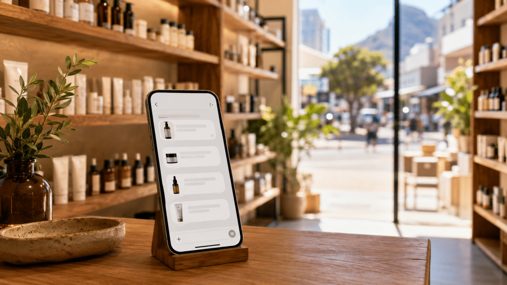 AI shopping recommendations illustrated inside a South African boutique retail store with a smartphone showing a generic product suggestion chat