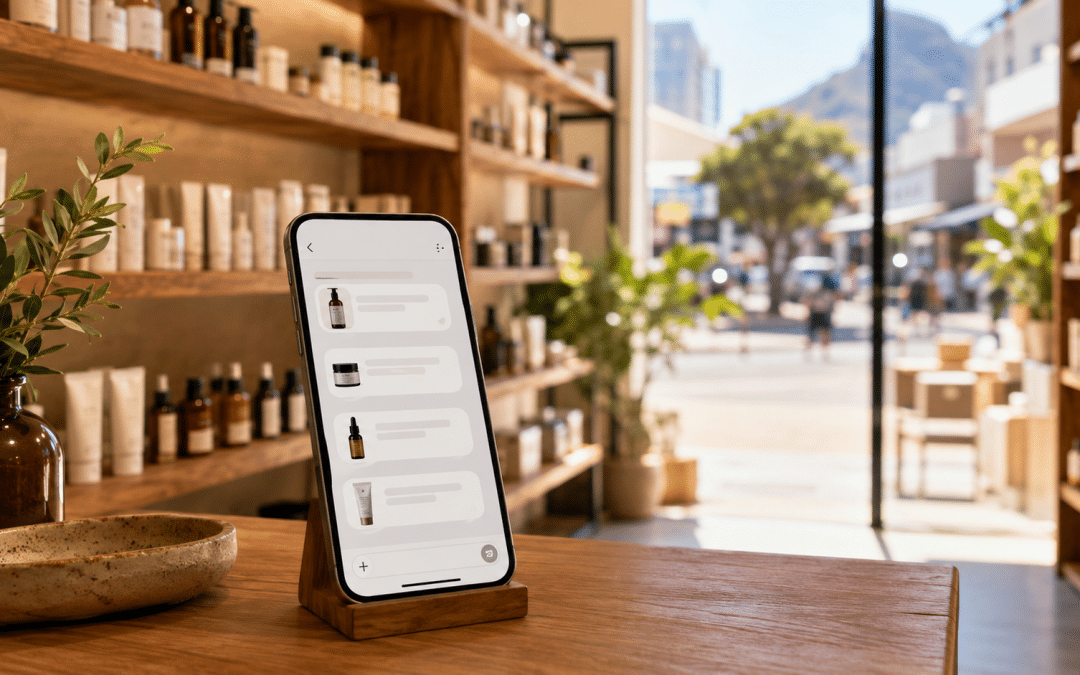 AI shopping recommendations illustrated inside a South African boutique retail store with a smartphone showing a generic product suggestion chat
