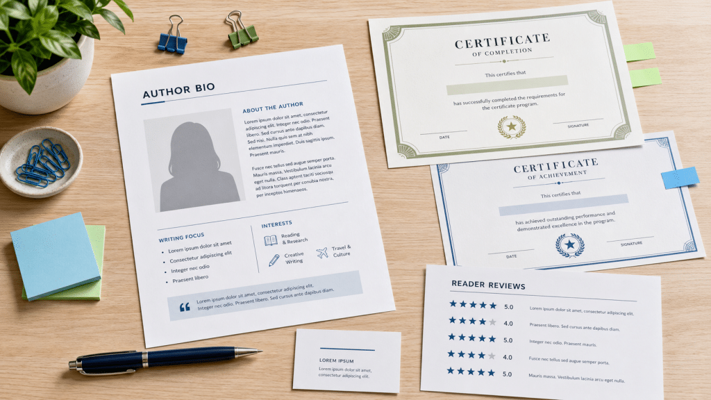 ai trust signals shown as a flat-lay of credential and trust artifacts — a printed author bio, certificates, a review printout, and a business card on a desk