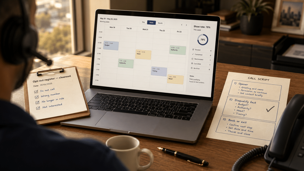 Appointment setting South Africa — over-the-shoulder view of an outbound caller reviewing a qualified meeting diary alongside a call script and an opt-out compliance checklist