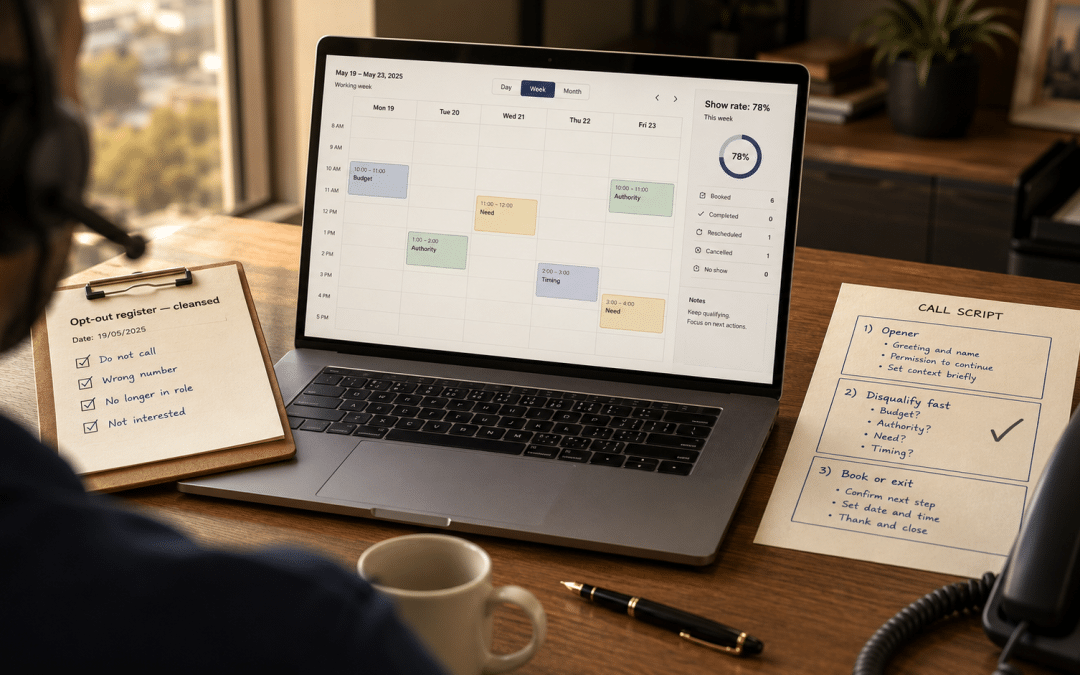 Appointment setting South Africa — over-the-shoulder view of an outbound caller reviewing a qualified meeting diary alongside a call script and an opt-out compliance checklist